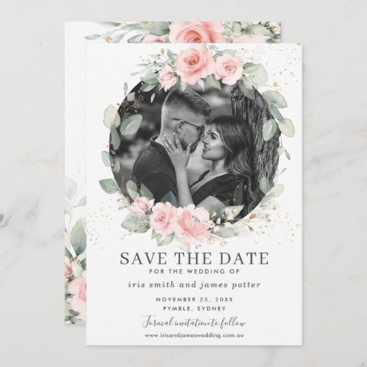 Chic Blush Pink Floral Foto Save the Date Karte (Vorne/Hinten)