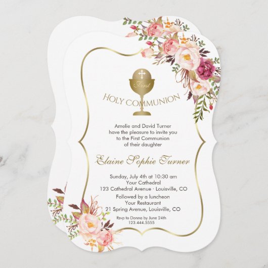 Chic Blush Pink Floral Gold Chalice Heilige Kommun Einladung (Vorne/Hinten)