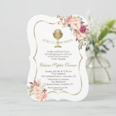 Chic Blush Pink Floral Gold Chalice Heilige Kommun Einladung (Stehend Vorderseite)