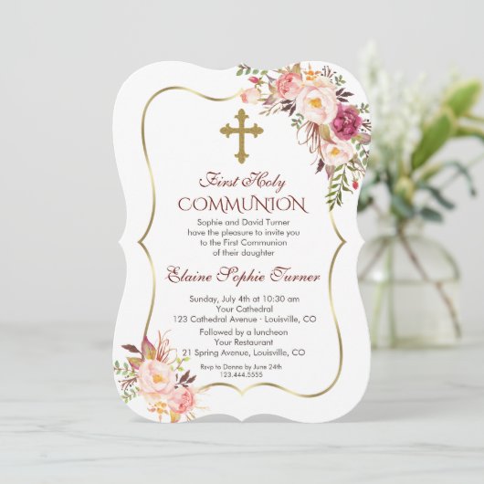 Chic Blush Pink Floral Gold Erste heilige Kommune Einladung (Stehend Vorderseite)