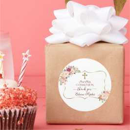Chic Blush Pink Floral Gold Erste heilige Kommune Runder Aufkleber