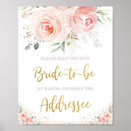 Chic Blush Pink Floral Gold Foliage Adressezeichen Poster (Vorne)