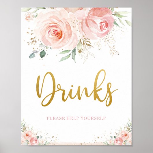 Chic Blush Pink Floral Gold Foliage Drinks Zeichen Poster (Vorne)