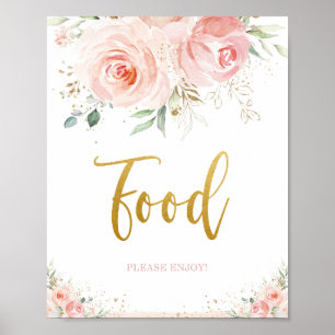 Chic Blush Pink Floral Gold Foliage Food Sign Poster