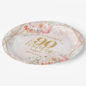 Chic Blush Pink Floral Gold Frame 90th Birthday Pappteller (Schrägansicht)