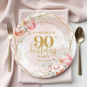 Chic Blush Pink Floral Gold Rahmen 90. Geburtstag Pappteller