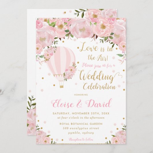 Chic Blush Pink Floral Hot Air Ballon Hochzeit Einladung (Vorne/Hinten)