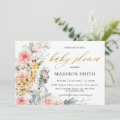 Chic Blush Pink Floral Jungle Animals Baby Dusche Einladung (Stehend Vorderseite)