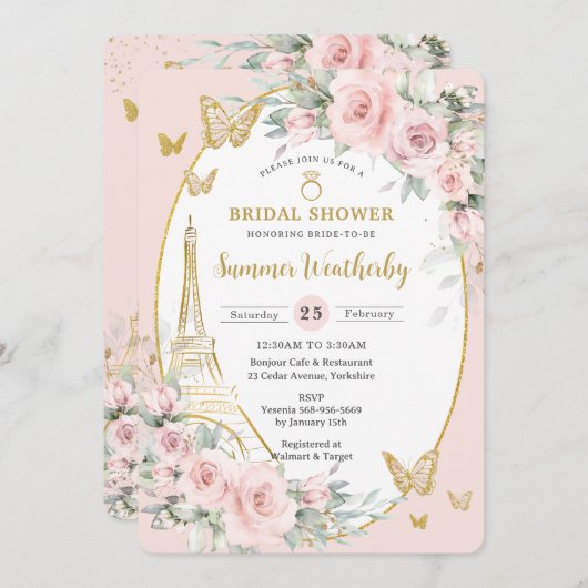 Chic Blush Pink Floral Paris Eiffel Brautparty Einladung (Vorne/Hinten)