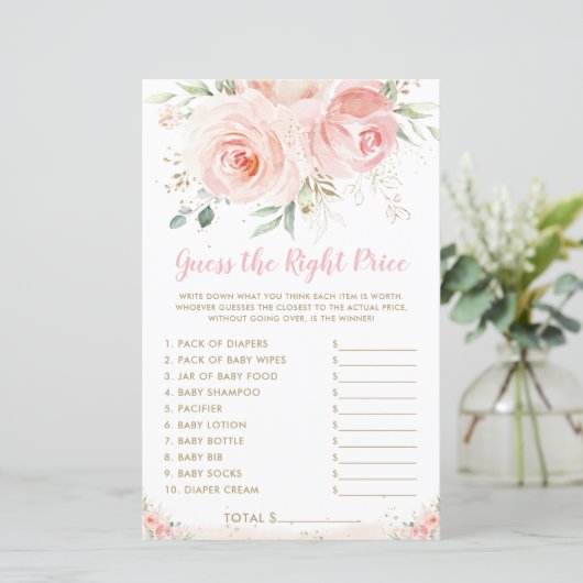 Chic Blush Pink Floral Ratet das richtige Preisspi (Stehend Vorderseite)