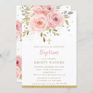 Chic Blush Pink Floral Rose Gold Blätter Taufe Einladung