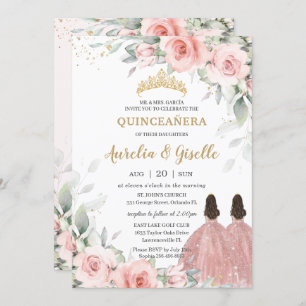 Chic Blush Pink Floral Rose Gold Twins Quinceañera Einladung