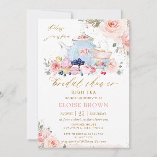 Chic Blush Pink Floral Tee Party Brautparty Einladung (Vorderseite)