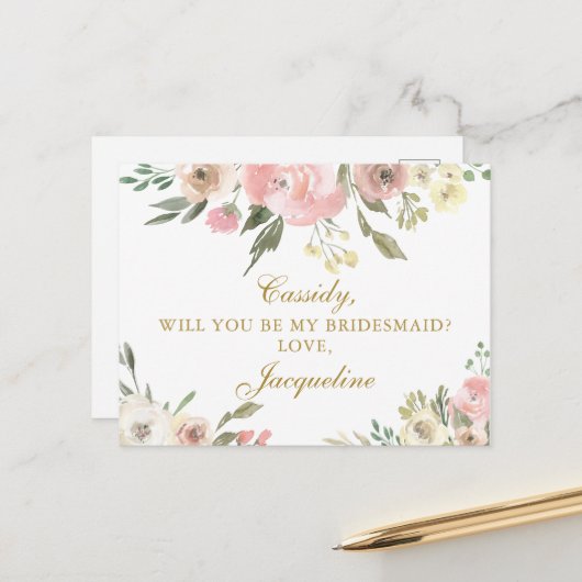 Chic Blush Pink Floral werden Sie meine Brautfrau Postkarte (Vorderseite/Rückseite Beispiel)