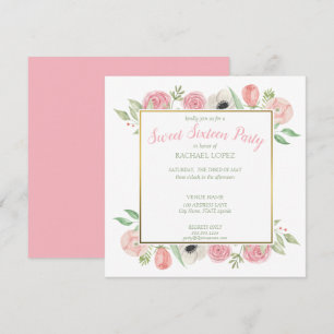Chic Blush Pink Florals   Gold Frame 16 . Geburtst Einladung