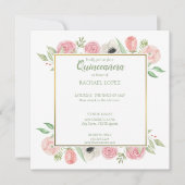 Chic Blush Pink Florals | Gold Frame Quinceanera Einladung (Vorderseite)