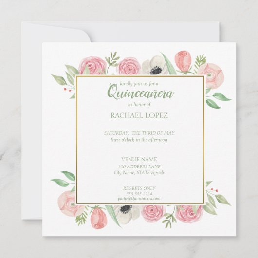 Chic Blush Pink Florals | Gold Frame Quinceanera Einladung (Vorderseite)
