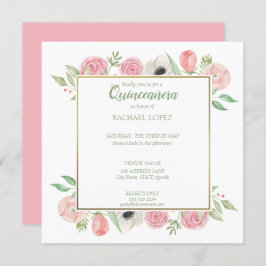 Chic Blush Pink Florals | Gold Frame Quinceanera Einladung