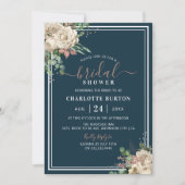 Chic Blush Pink Florals & Navy Brautparty Einladung (Vorderseite)