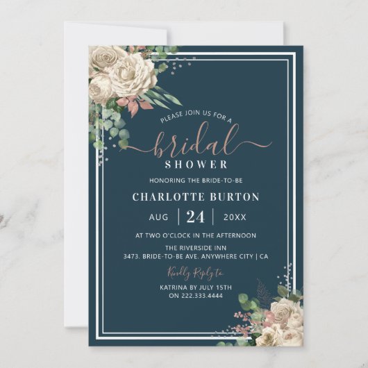 Chic Blush Pink Florals & Navy Brautparty Einladung (Vorderseite)
