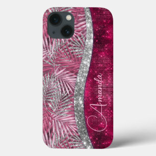Chic blush pink fuchsia Glitzer Blätter monogramm Case-Mate iPhone Hülle