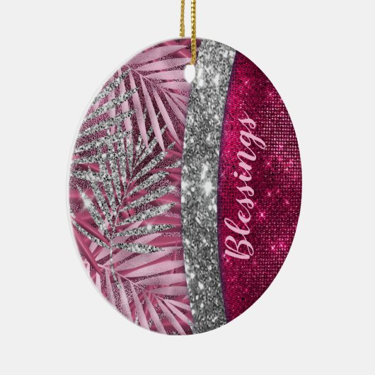 Chic blush pink fuchsia Glitzer Blätter monogramm Keramik Ornament (Rechts)