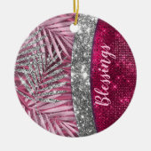 Chic blush pink fuchsia Glitzer Blätter monogramm Keramik Ornament (Vorne)
