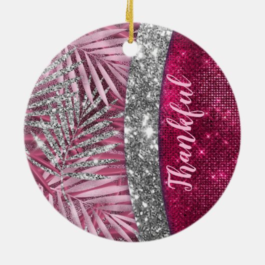 Chic blush pink fuchsia Glitzer Blätter monogramm Keramik Ornament (Hinten)