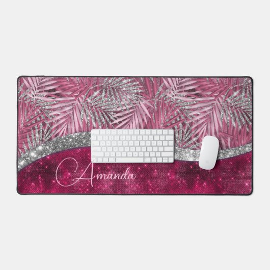 Chic blush pink fuchsia Glitzer Blätter monogramm Schreibtischunterlage (Tastatur & Maus)