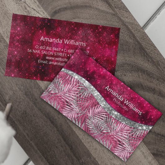 Chic blush pink fuchsia Glitzer Blätter monogramm Visitenkarte
