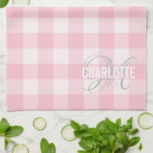 Chic Blush Pink Gingham Monogram Name Geschirrtuch (Gefaltet)