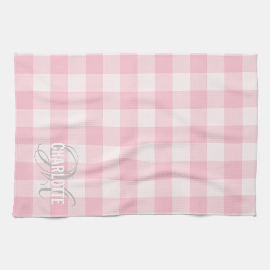 Chic Blush Pink Gingham Monogram Name Geschirrtuch (Horizontal)