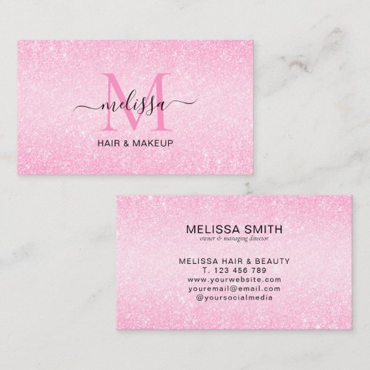 Chic Blush Pink Glitzer Monogram Visitenkarte (Vorne/Hinten)