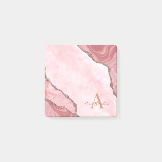 Chic Blush Pink Gold Agate Geode Monogram Post-it Klebezettel (Vorderseite)