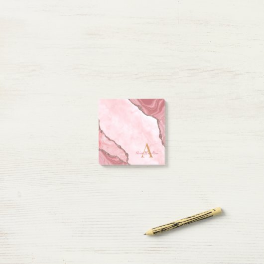 Chic Blush Pink Gold Agate Geode Monogram Post-it Klebezettel (Auf Schreibtisch)