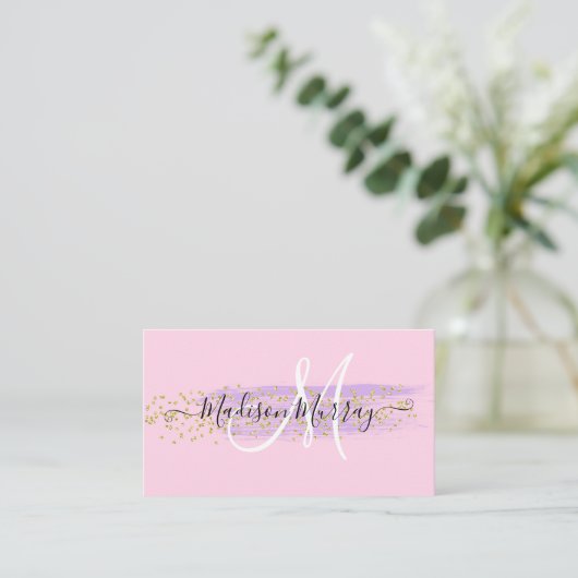 Chic Blush Pink Gold Confetti Lilac Monogram Name Visitenkarte (Stehend Vorderseite)