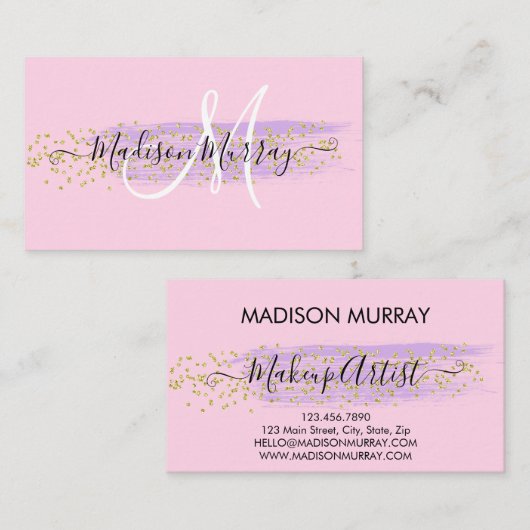 Chic Blush Pink Gold Confetti Lilac Monogram Name Visitenkarte (Vorne/Hinten)