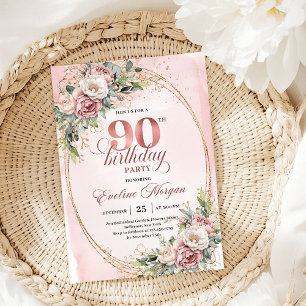 Chic Blush Pink Gold Eukalyptus 90. Geburtstag  Einladung