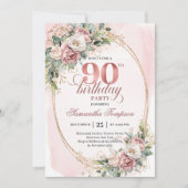 Chic Blush Pink Gold Eukalyptus 90. Geburtstag Einladung (Vorderseite)