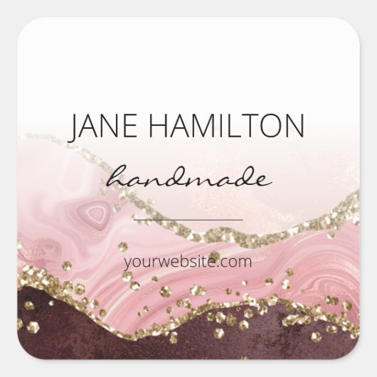 Chic Blush Pink Gold Glitzer Agate Quadratischer Aufkleber (Vorderseite)