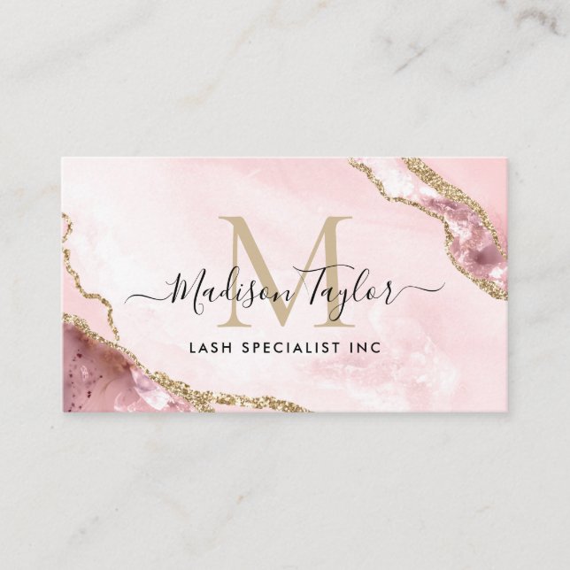 Chic Blush Pink Gold Glitzer Marble Agate Monogram Visitenkarte (Vorderseite)
