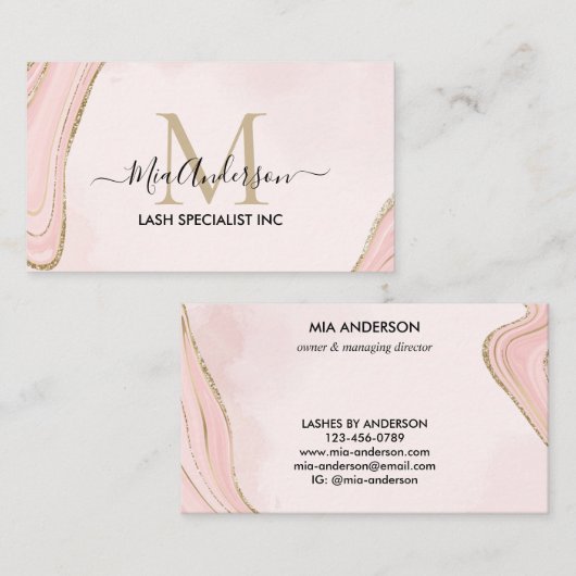 Chic Blush Pink Gold Glitzer Marble Agate Monogram Visitenkarte (Vorne/Hinten)