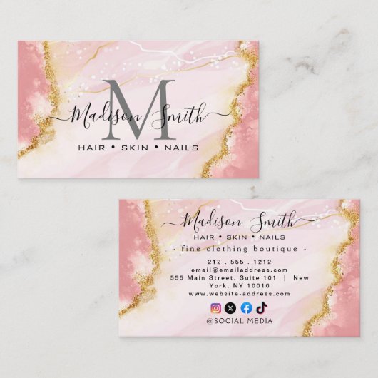 Chic Blush Pink Gold Glitzer Marble Agate Monogram Visitenkarte (Vorne/Hinten)