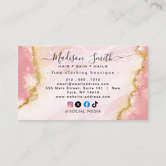 Chic Blush Pink Gold Glitzer Marble Agate Monogram Visitenkarte (Rückseite)