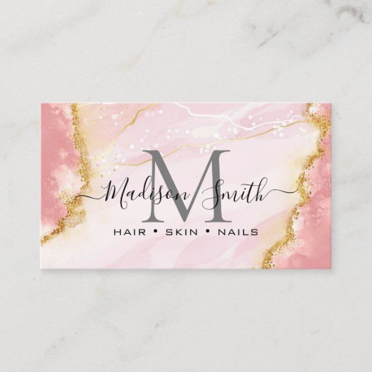 Chic Blush Pink Gold Glitzer Marble Agate Monogram Visitenkarte (Vorderseite)