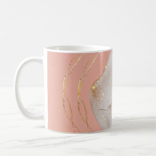 Chic Blush Pink Gold Glitzer Monogram Script Name Kaffeetasse (Links)