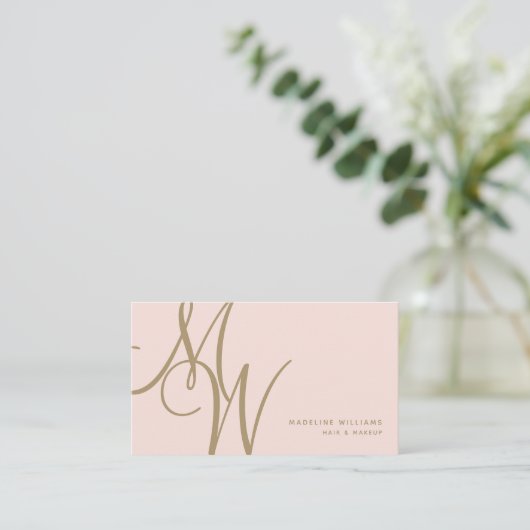 Chic Blush Pink Gold Monogram Script Initialen Visitenkarte (Stehend Vorderseite)