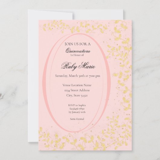 Chic Blush Pink & Gold Quinceanera Invitation Einladung (Vorderseite)
