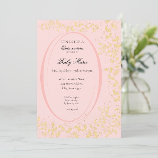 Chic Blush Pink & Gold Quinceanera Invitation Einladung (Stehend Vorderseite)