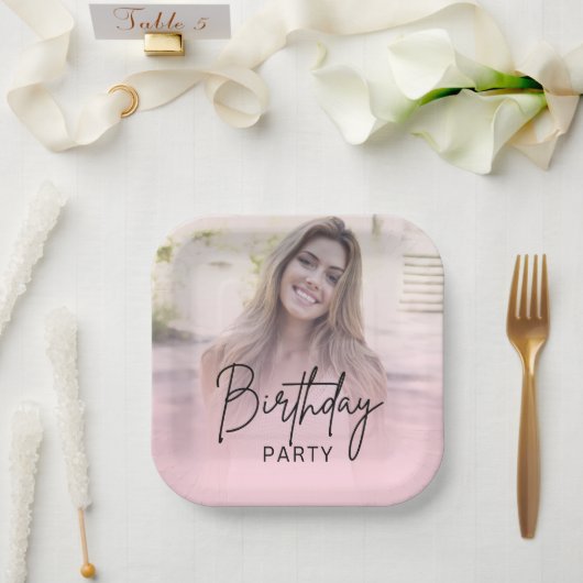 Chic Blush Pink Gradient Photo Birthday Pappteller (Hochzeit)